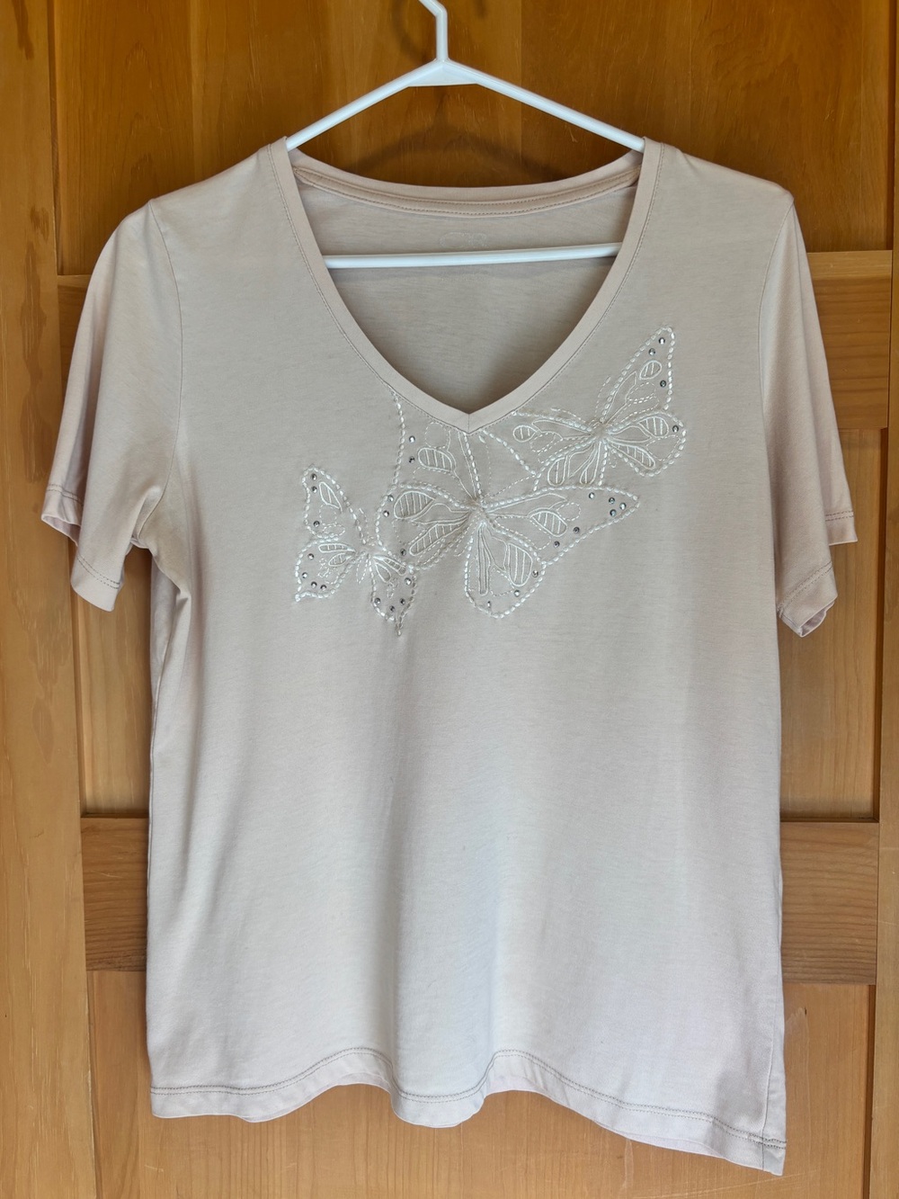 Carroll Reed Butterfly Embroidered Boho Cottagecore Fairy V-Neck Top Beige Med